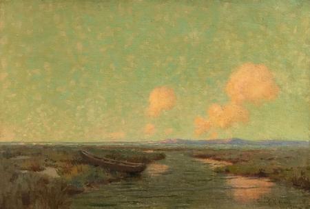 Granville Redmond "Golden Sunset Over the Marsh" -- 12 x 18 inches, oil on canvas -- Created in 1904. As the sun sets over the San Francisco bay, one can see the penninsula north of where the future San Francisco Bay Bridge will be built.